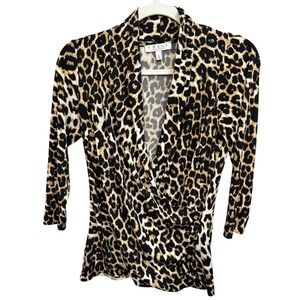 Chaus Wrap Style Cheetah Print Blouse 3/4 Sleeve Stretchy Women's Size Small